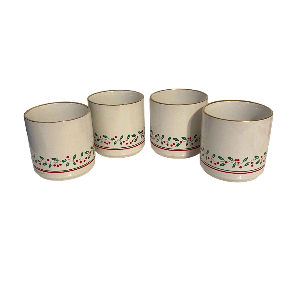 Vintage 1987 Arby's Gold‎ Rim Christmas Holly Hot Cocoa Coffee Mugs Set of 4